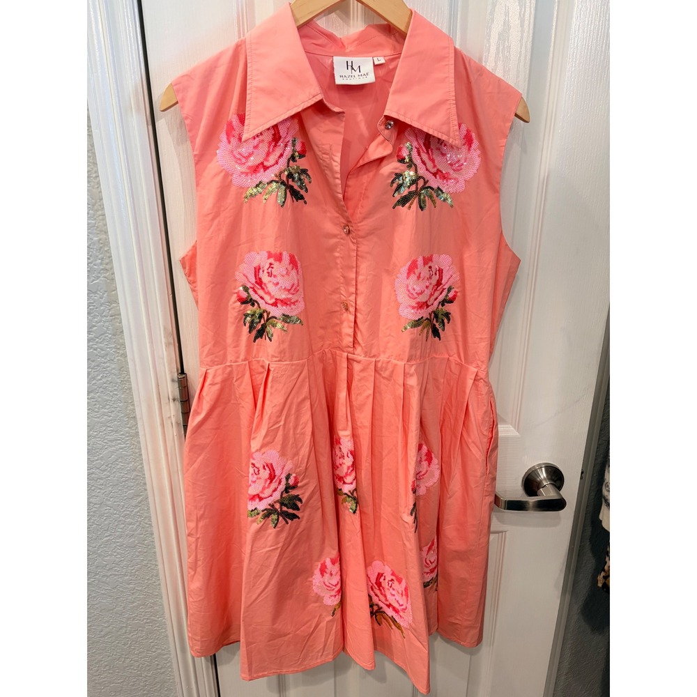 Hazel Mae Shirt Dress Coral Pink Sequin Rose Floral Cotton Sleeveless Midi